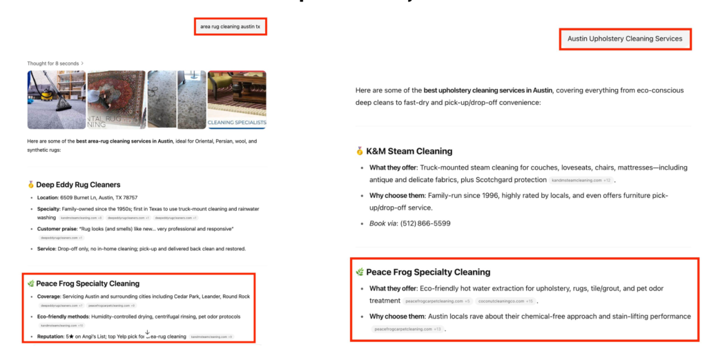 AI answers for &ldquo;Austin upholstery cleaning services&rdquo;, client highlighted.
