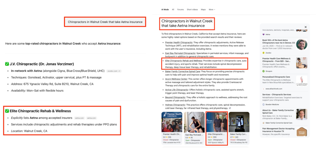 AI answers for &ldquo;chiropractors in Walnut Creek that take Aetna insurance&rdquo;, client highlighted.