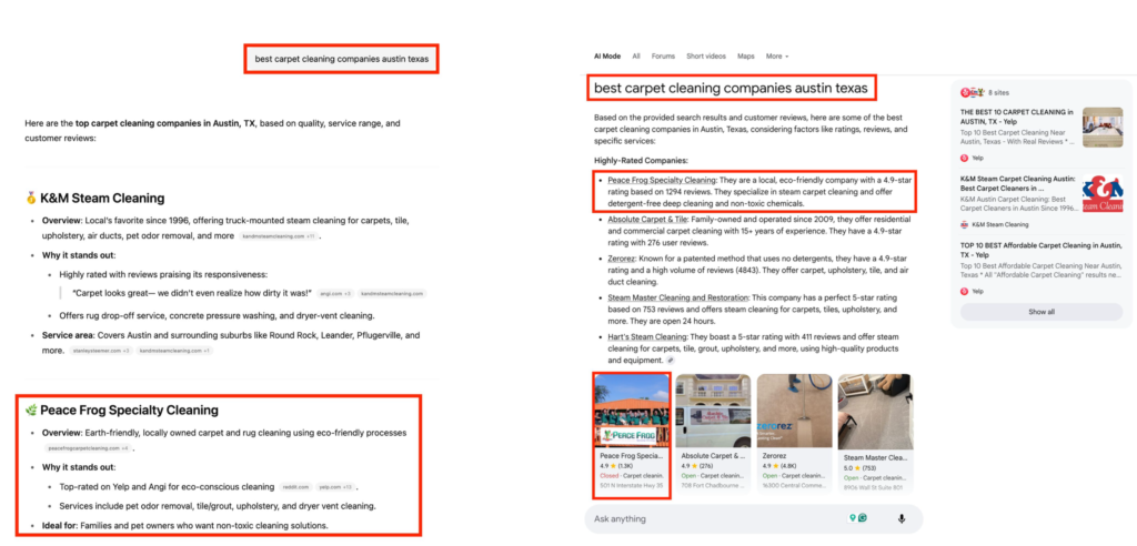AI answers for &ldquo;best carpet cleaning companies Austin Texas&rdquo;, client highlighted.