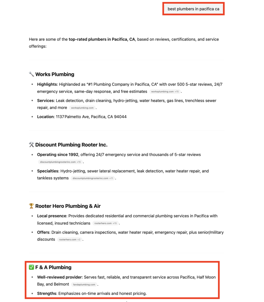 AI answer for &ldquo;best plumbers in Pacifica CA&rdquo;, client highlighted.